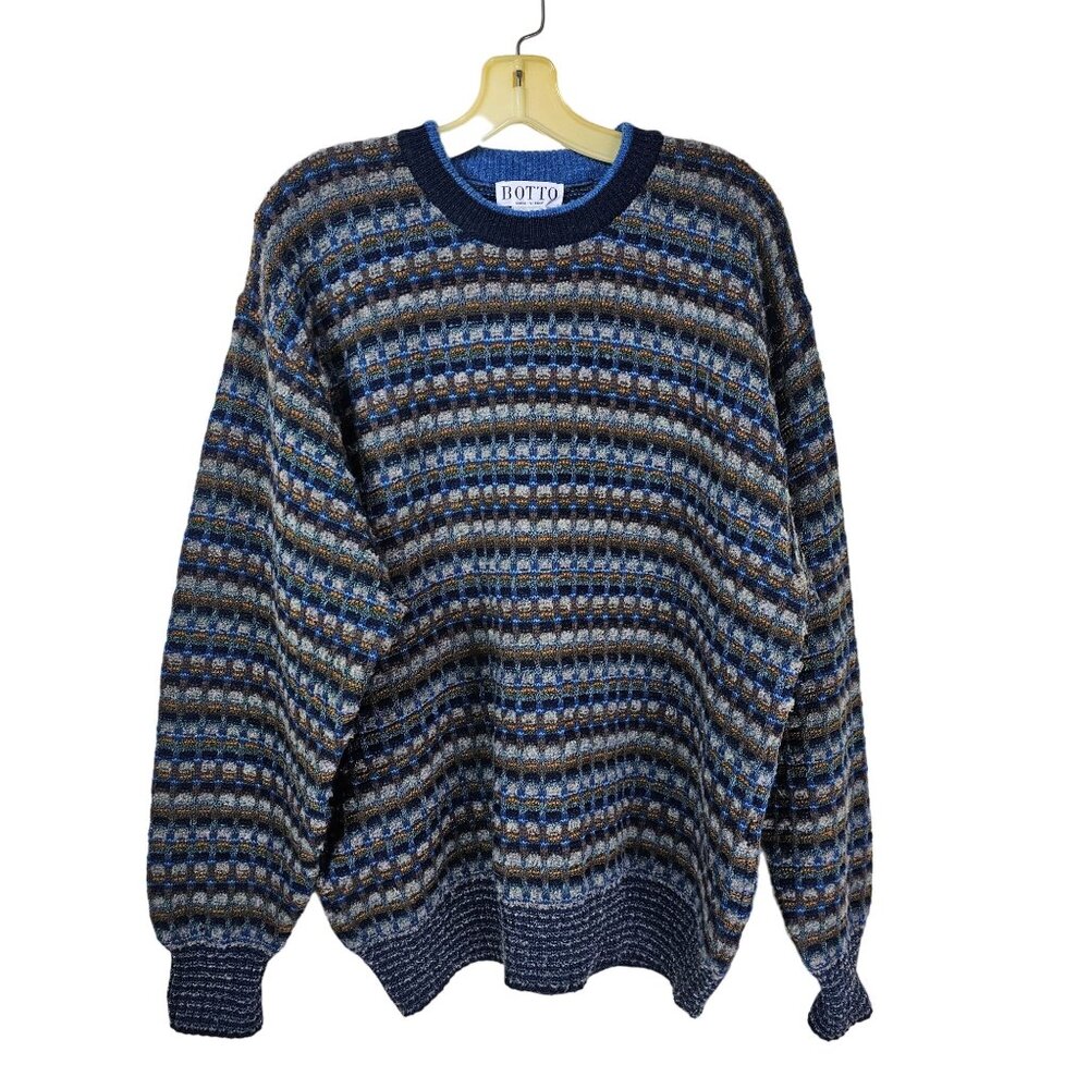 Botto Italy Wool Alpaca Crewneck Sweater L‎ Navy Multi Dad Preppy Academia